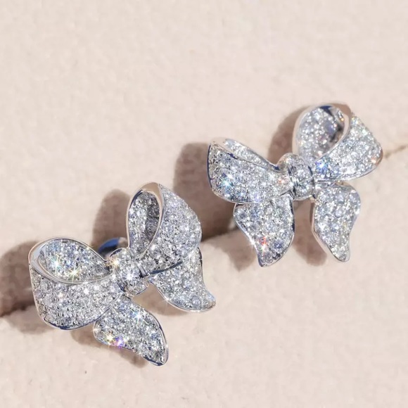 Sterling Silver plated Cute Bow CZ Stud Earrings - Picture 4 of 5